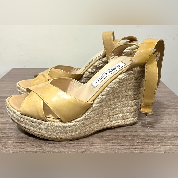 Jimmy Choo Phoenix Espadrille Wedges Patent Leather Nude Size 10 - Picture 5 of 12